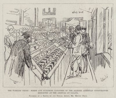 The Turkish Crisis, Bombs and Dynamite Canisters of the Alleged Armenian Conspirators exhibited at the Arsenal at Galata by Melton Prior